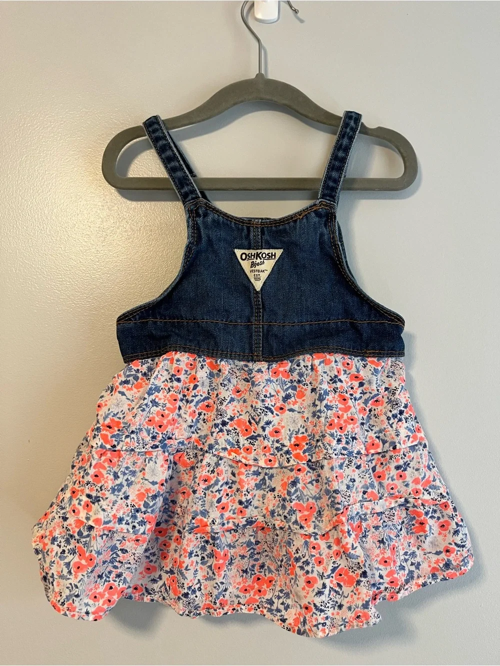 OshKosh B'gosh Dark Blue Denim Bib Dress with Pink & Blue Floral Skirt
